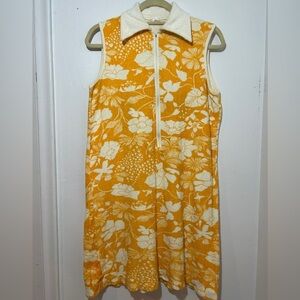 Vintage towel 3/4 zip Floral Sleeveless Dress - Orange and Cream Size L
